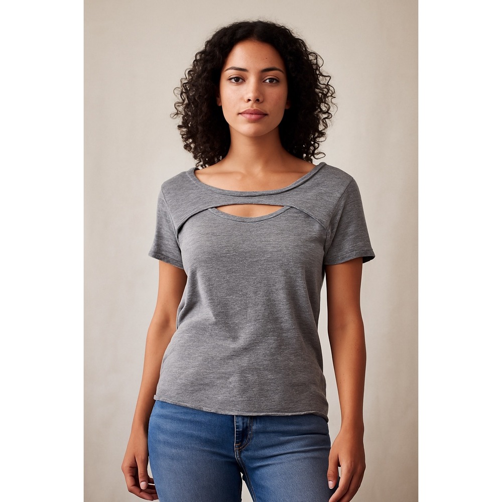 We The Free Free People‎ Linen Blend Cutout Tee Gray Raw Hem Distressed